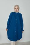 Kadın Kol Nervür Detaylı Hakim Yaka Boydan Düğmeli Yırtmaçlı Yazlık Trend Modest Uzun Tesettür Tunik-İndigo