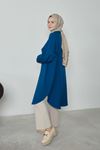 Kadın Kol Nervür Detaylı Hakim Yaka Boydan Düğmeli Yırtmaçlı Yazlık Trend Modest Uzun Tesettür Tunik-İndigo