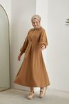 Yarasa Kol Fermuar Detay Burgu Elbise-Camel