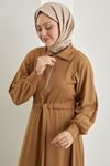 Yarasa Kol Fermuar Detay Burgu Elbise-Camel