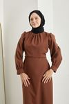 Fermuar Detay Astarlı Elbise-Kahve