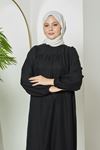 Roba Büzgü Detay Keten Elbise-Siyah