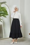 Fırfır Detay Çizgili Keten Etek-Siyah
