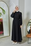 Patlı Çizgili Keten Elbise-Siyah