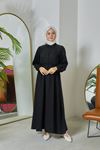 Patlı Çizgili Keten Elbise-Siyah