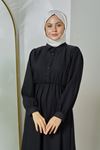 Patlı Çizgili Keten Elbise-Siyah