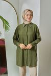 Sivri Yaka Keten Tunik-Haki