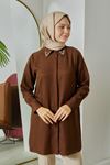 Sivri Yaka Keten Tunik-Kahve