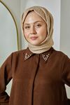 Sivri Yaka Keten Tunik-Kahve