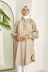 Kadın Kol Nervür Detaylı Hakim Yaka Boydan Düğmeli Yırtmaçlı Yazlık Trend Modest Uzun Tesettür Tunik-Taş