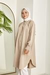 Kadın Kol Nervür Detaylı Hakim Yaka Boydan Düğmeli Yırtmaçlı Yazlık Trend Modest Uzun Tesettür Tunik-Taş