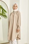 Kadın Kol Nervür Detaylı Hakim Yaka Boydan Düğmeli Yırtmaçlı Yazlık Trend Modest Uzun Tesettür Tunik-Taş