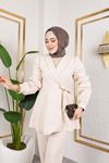 Kuşak Detay Ceketli Takım-Krem