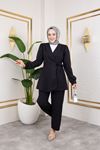 Kuşak Detay Ceketli Takım-Siyah