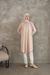 Kadın Oval Kesim Rahat Kalıp Boydan Düğmeli Yarasa Kol Detaylı Uzun Tesettür Tunik-Taş