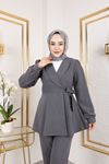 Kuşak Detay Ceketli Poliviskon Takım-Antrasit