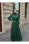 Saten Taşlı Elbise-Zümrüt Yeşili
