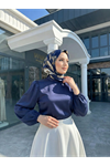 Arka Fermuar Detay Saten Tunik-Lacivert