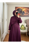 Bağlama Detaylı İkili Saten Elbise-Mürdüm
