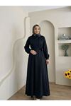 Kuşak Detay Saten Elbise-Siyah