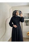 Kuşak Detay Saten Elbise-Siyah