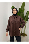 Yaka Detay Saten Tunik-Kahve