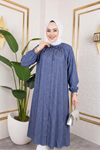 Kadın Kolu Lastikli Yaka Bağlama Detaylı Salaş Rahat Kalıp Boydan Düğmeli Uzun Tesettür Tunik-Lacivert