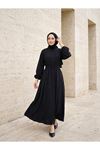 Yarasa Kol Bel Lastikli Elbise-Siyah