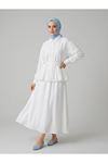 Büzgülü Etekli Çilek Takım-Ekru