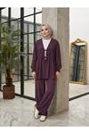 Büzgülü Bağlamalı Pantolonlu Takım-Bordo