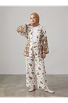 Desenli Viskon Kimono Takım-Koyu Kahve