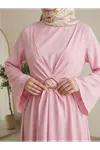 Önü Bağlamalı Aksesuar Detay Elbise-Pembe