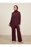 Fermuar Detay Asimetrik  Kesim Pantolonlu Takım-Bordo