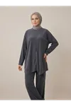 Fermuar Detay Asimetrik  Kesim Pantolonlu Takım-Siyah