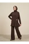 Broş Detay Pantolonlu Takım-Kahve