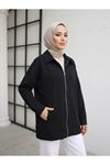 Cep Detay Fermuarlı Ceket-Siyah